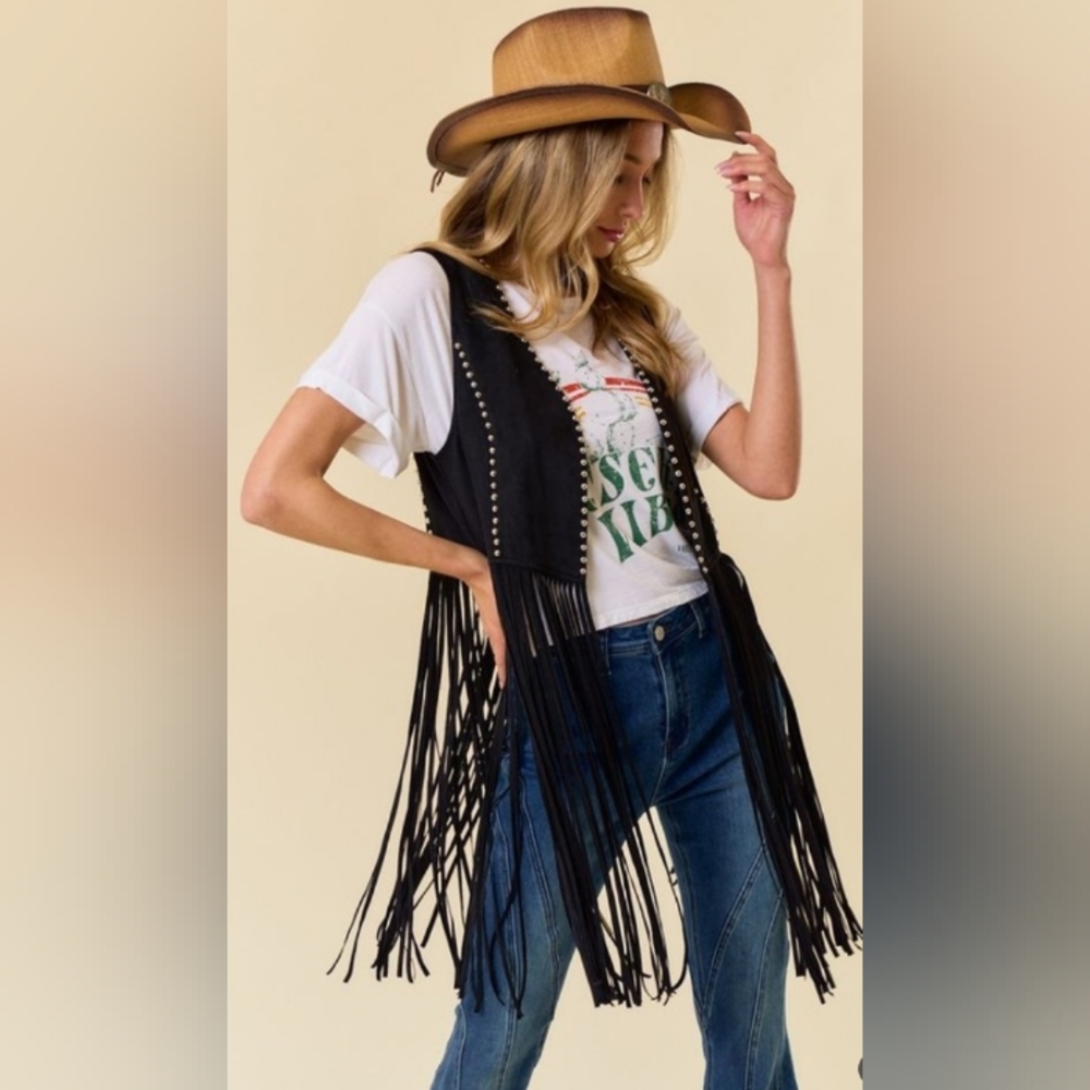Studded Long Fringe Faux Suede Vest - Black
